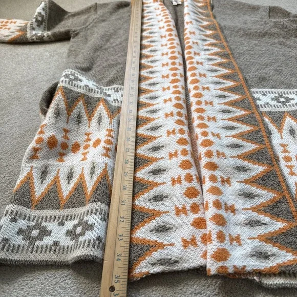 Bibi Aztec Tribal Print Open Knit Long Cardigan Pockets Grey/Orange Sz XL - Picture 5 of 9